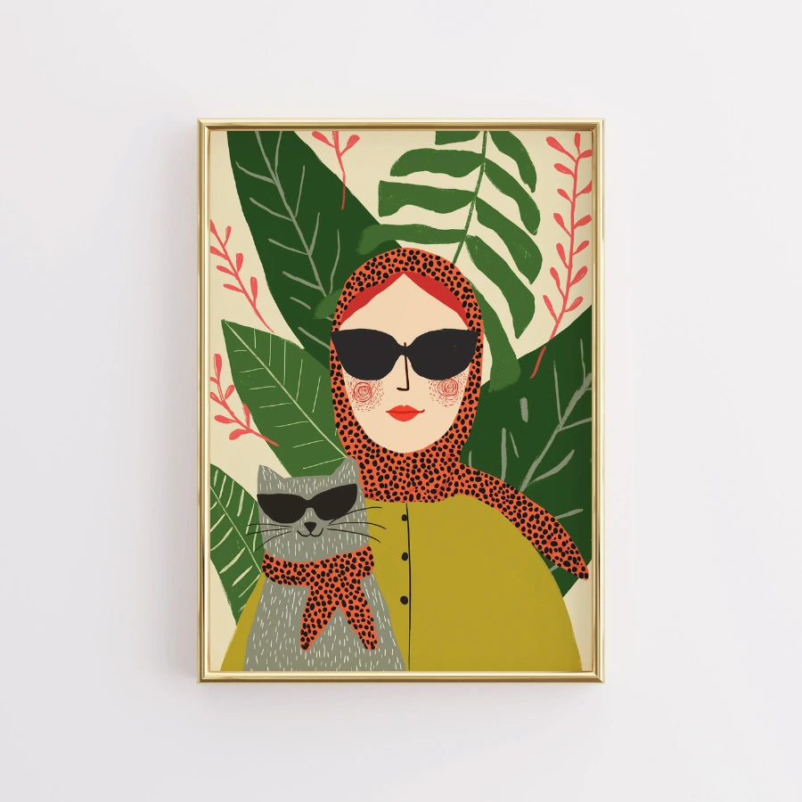 Tropical Icons Boho Wall Art – Stylish Woman and Cat Duo