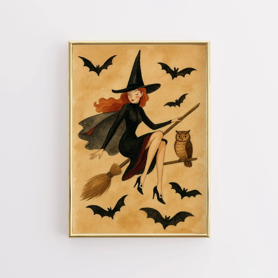 Elegant Witch Halloween Print – Vintage Flying Witch Wall Art