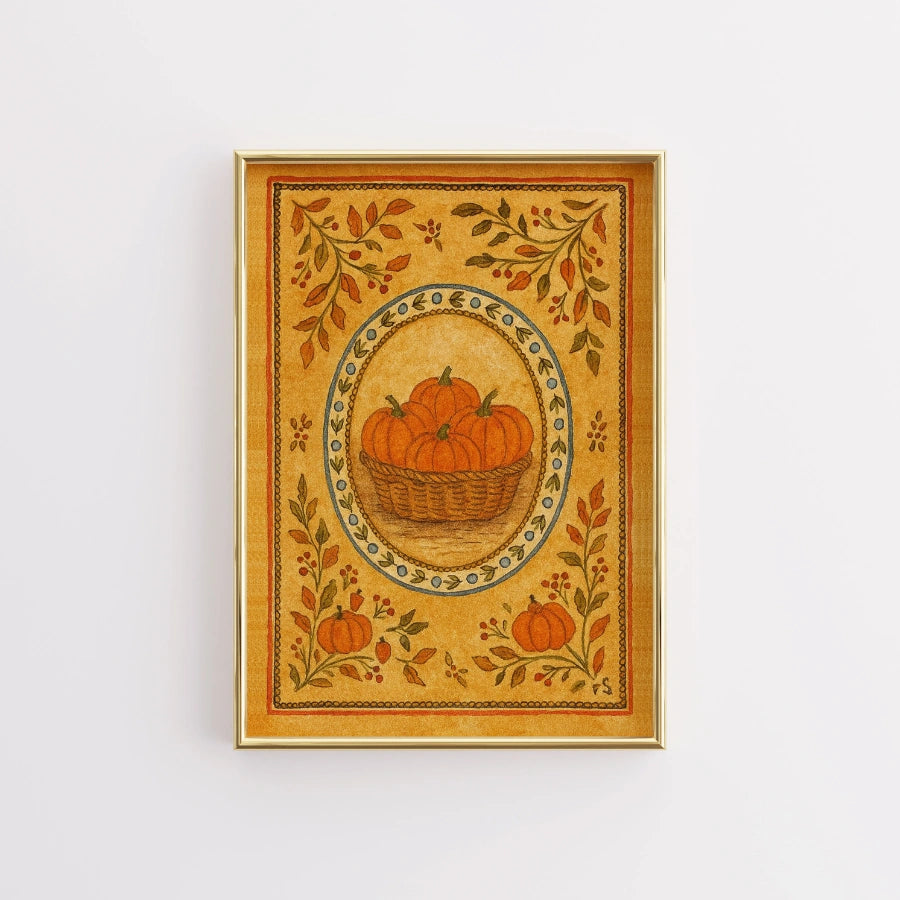 Pumpkin Basket Wall Art - Rustic Autumn Folk Print