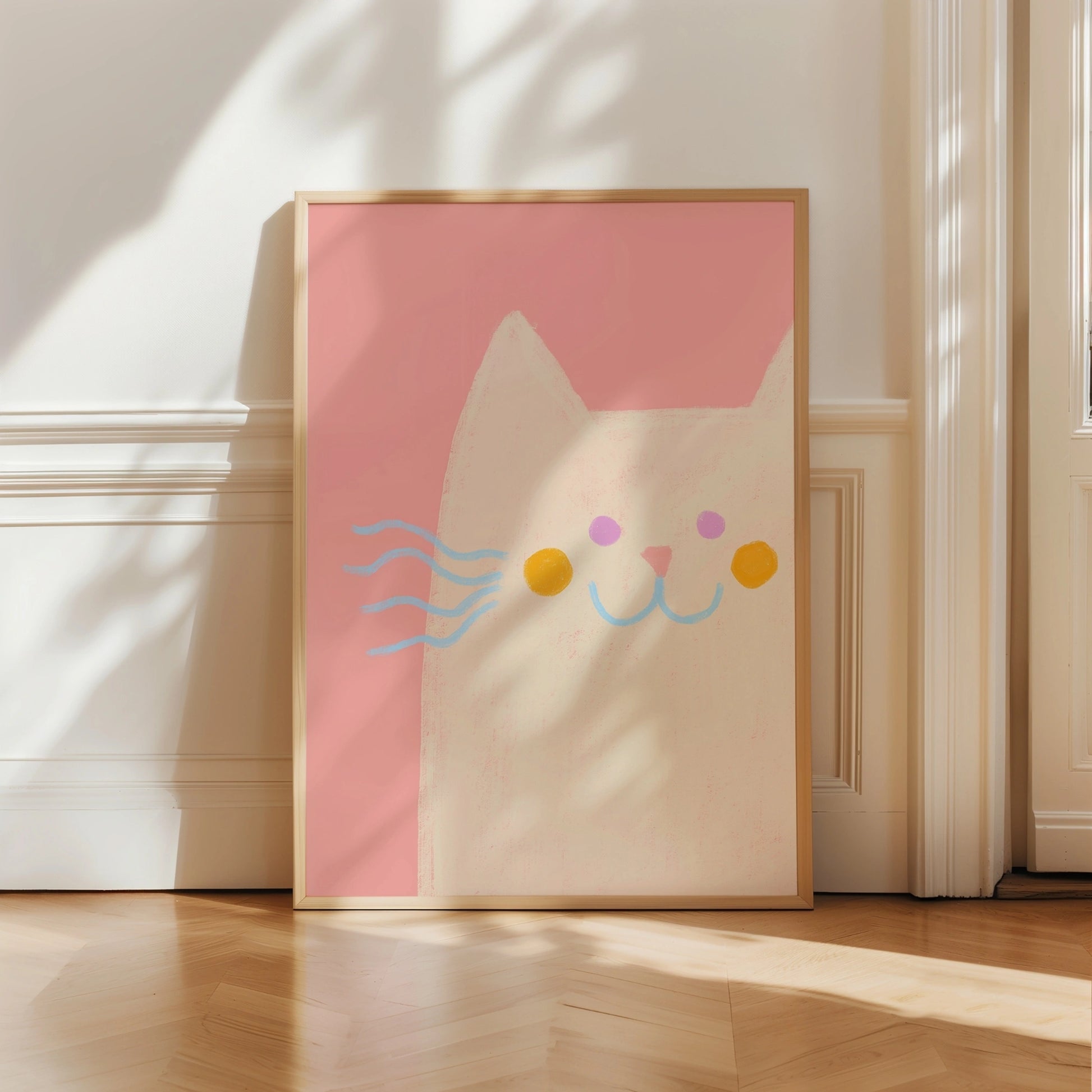 Pink Cat Nursery Wall Art – Whimsical Pastel Animal Print for Kids