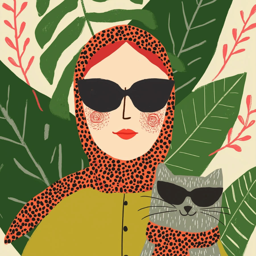 Tropical Icons Boho Wall Art – Stylish Woman and Cat Duo