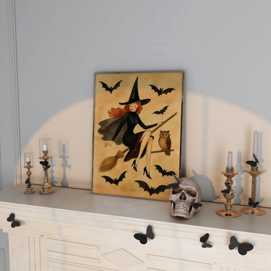 Elegant Witch Halloween Print – Vintage Flying Witch Wall Art