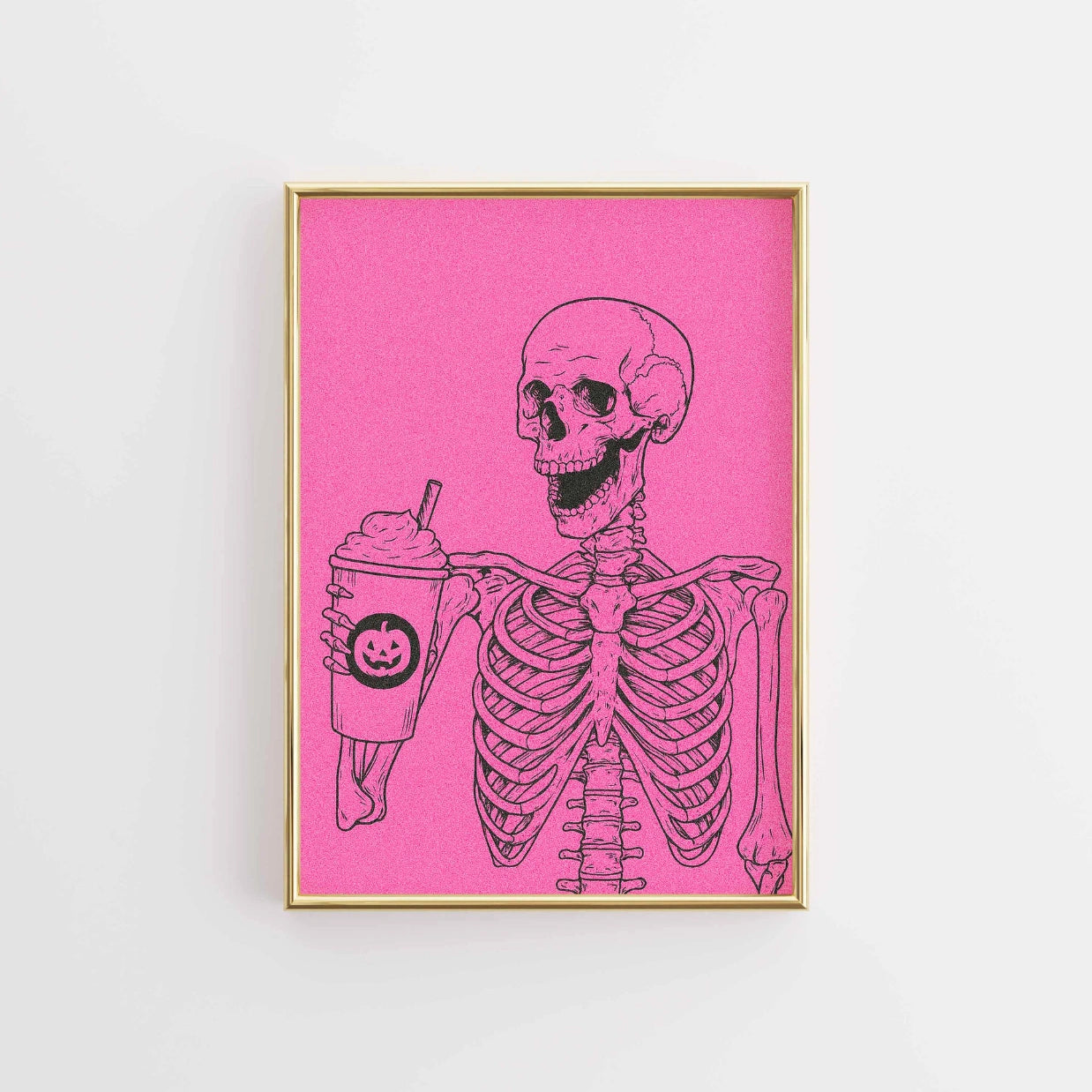 Skeleton with Halloween Drink – Pink Print