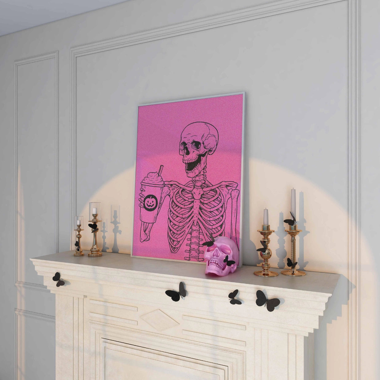 Skeleton with Halloween Drink – Pink Print