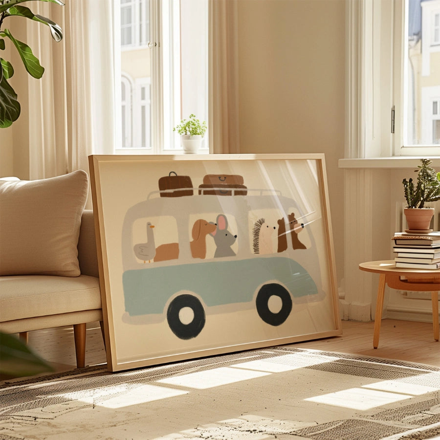 Animal Bus Nursery Print – Cute Vehicle Wall Art for Boys