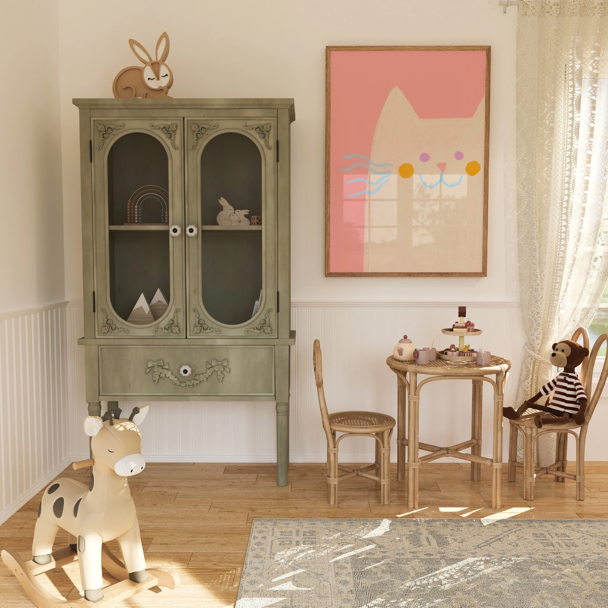 Pink Cat Nursery Wall Art – Whimsical Pastel Animal Print for Kids