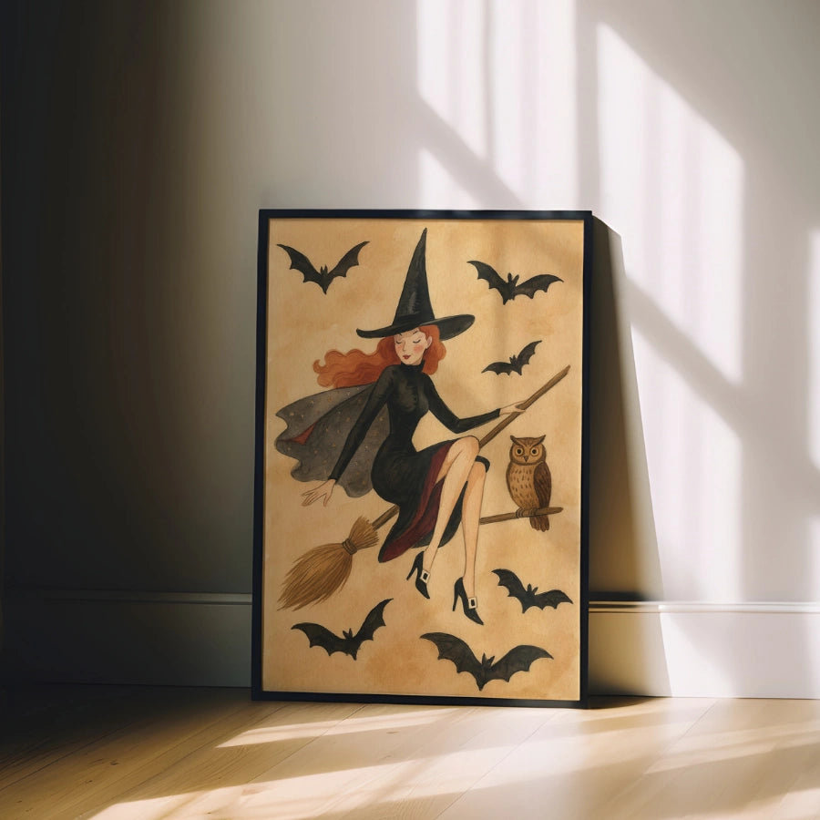 Elegant Witch Halloween Print – Vintage Flying Witch Wall Art