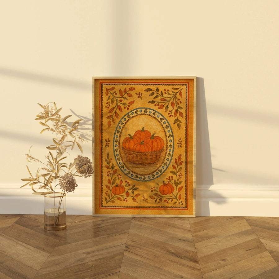 Pumpkin Basket Wall Art - Rustic Autumn Folk Print