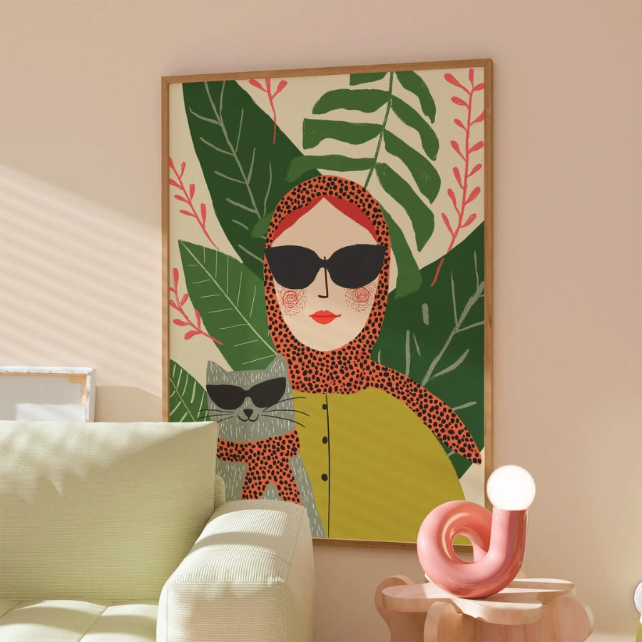 Tropical Icons Boho Wall Art – Stylish Woman and Cat Duo