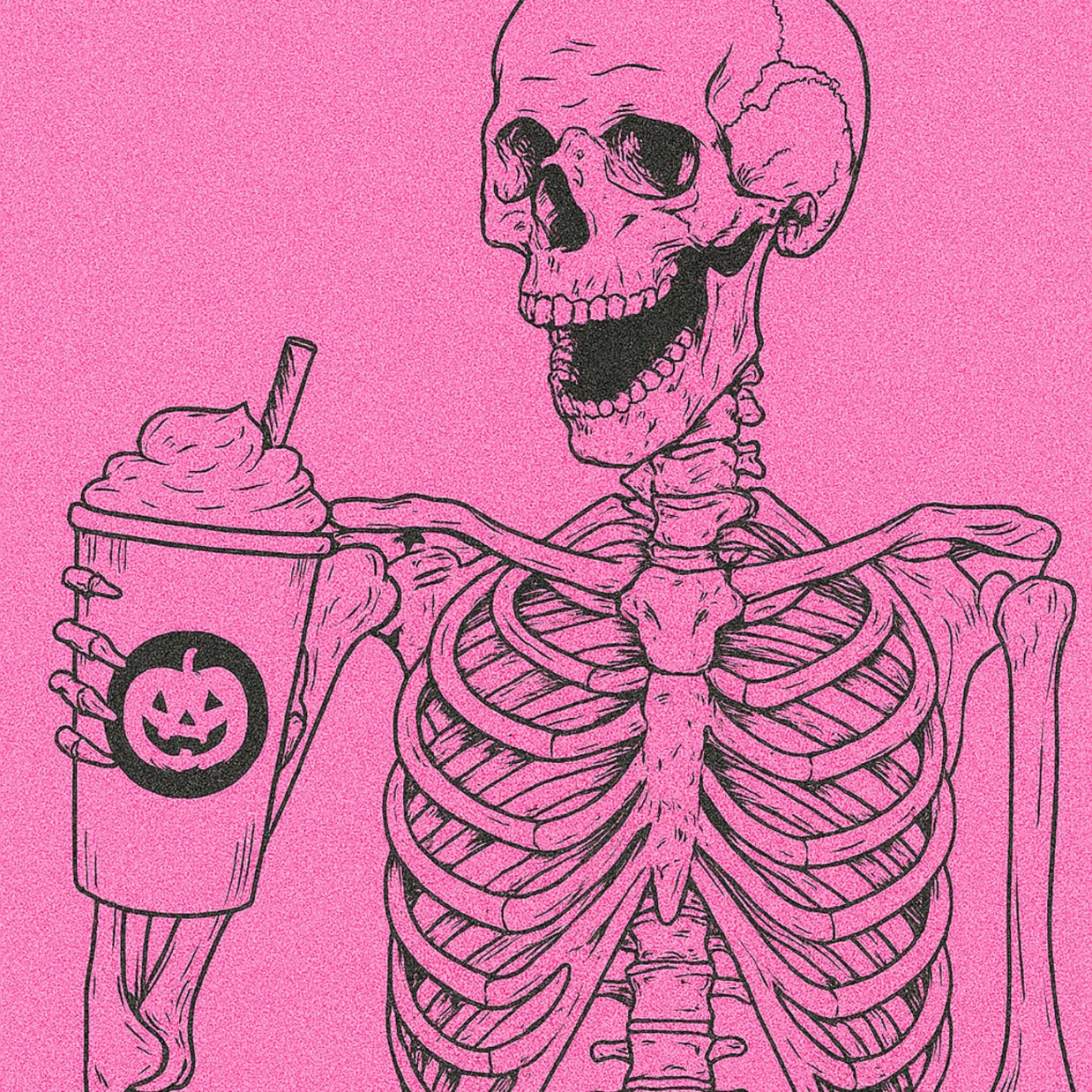Skeleton with Halloween Drink – Pink Print