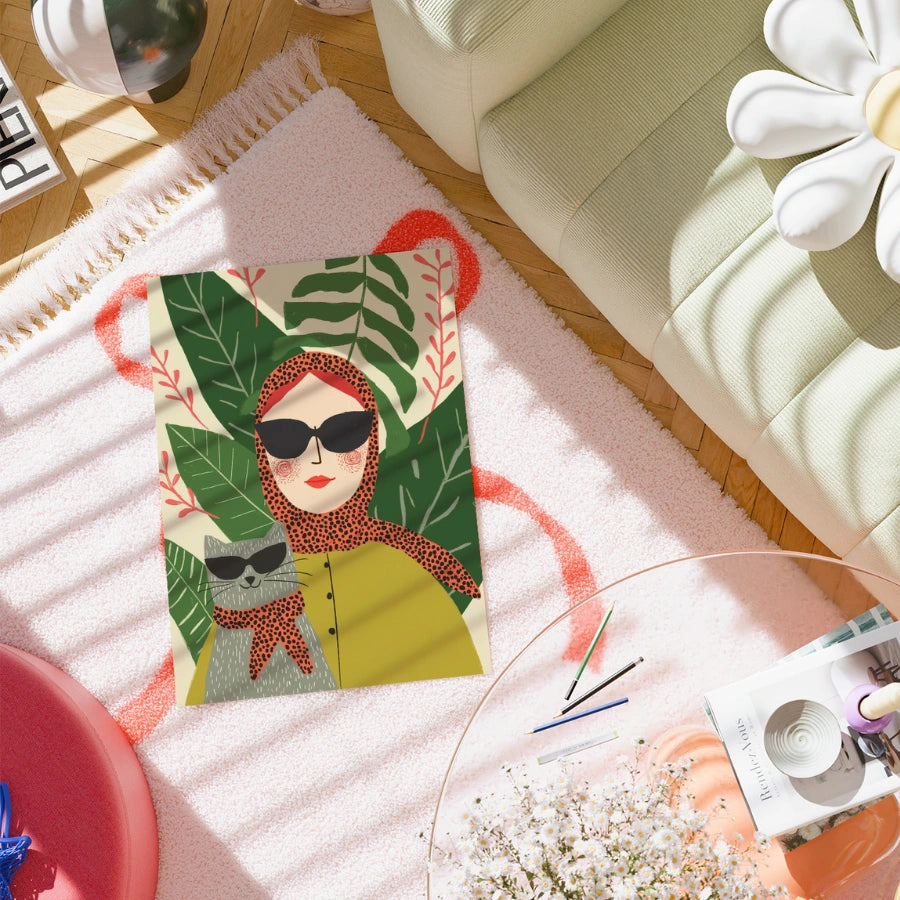 Tropical Icons Boho Wall Art – Stylish Woman and Cat Duo