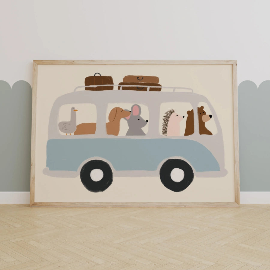 Animal Bus Nursery Print – Cute Vehicle Wall Art for Boys