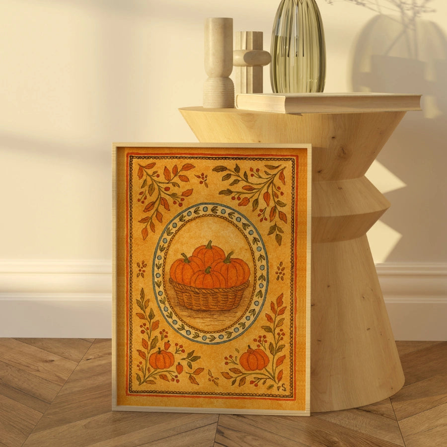 Pumpkin Basket Wall Art - Rustic Autumn Folk Print