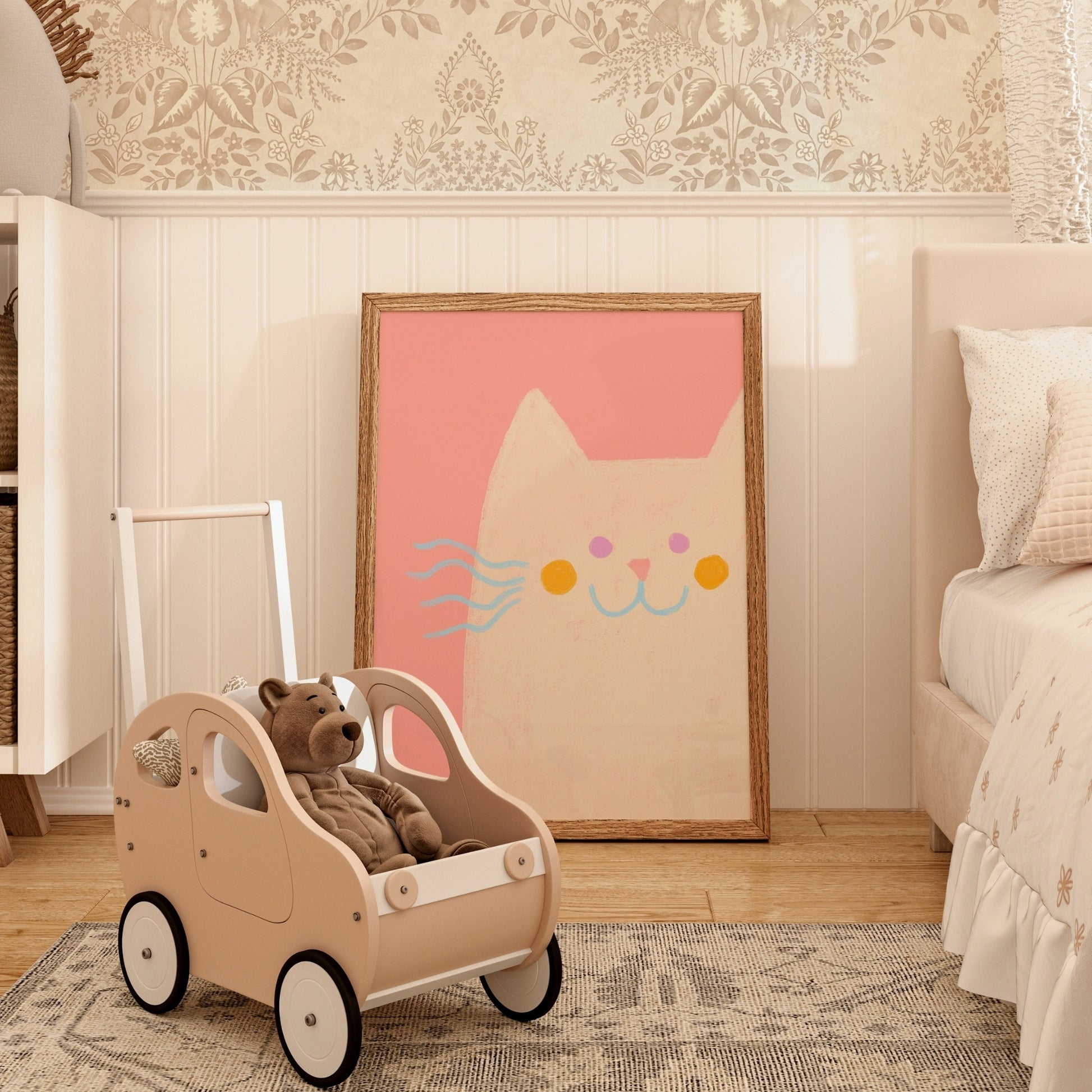Pink Cat Nursery Wall Art – Whimsical Pastel Animal Print for Kids