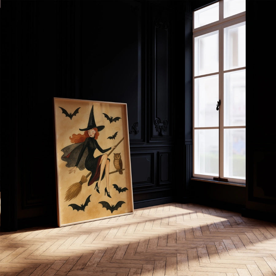 Elegant Witch Halloween Print – Vintage Flying Witch Wall Art