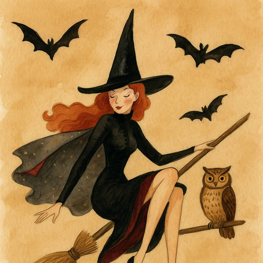 Elegant Witch Halloween Print – Vintage Flying Witch Wall Art