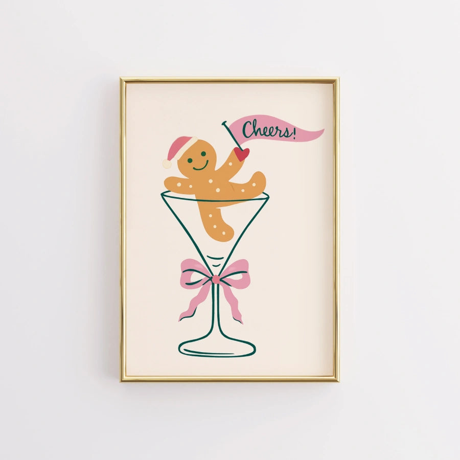 Gingerbread Cheers – Holiday Cocktail Poster with Cute Cookie