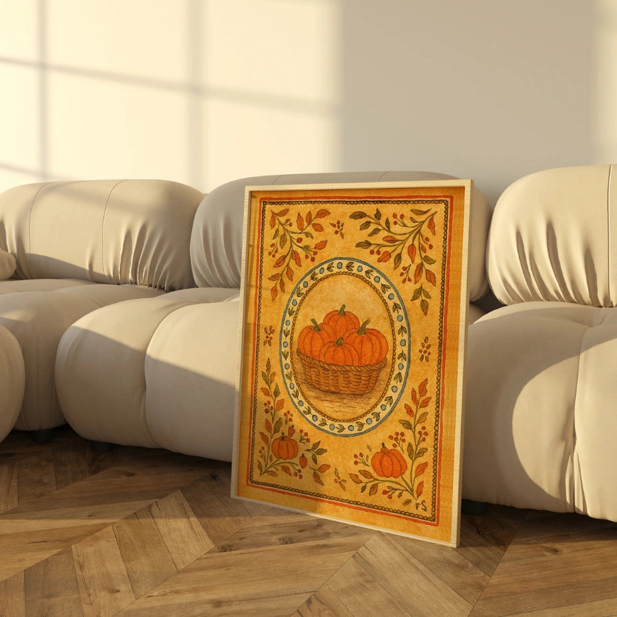 Pumpkin Basket Wall Art - Rustic Autumn Folk Print