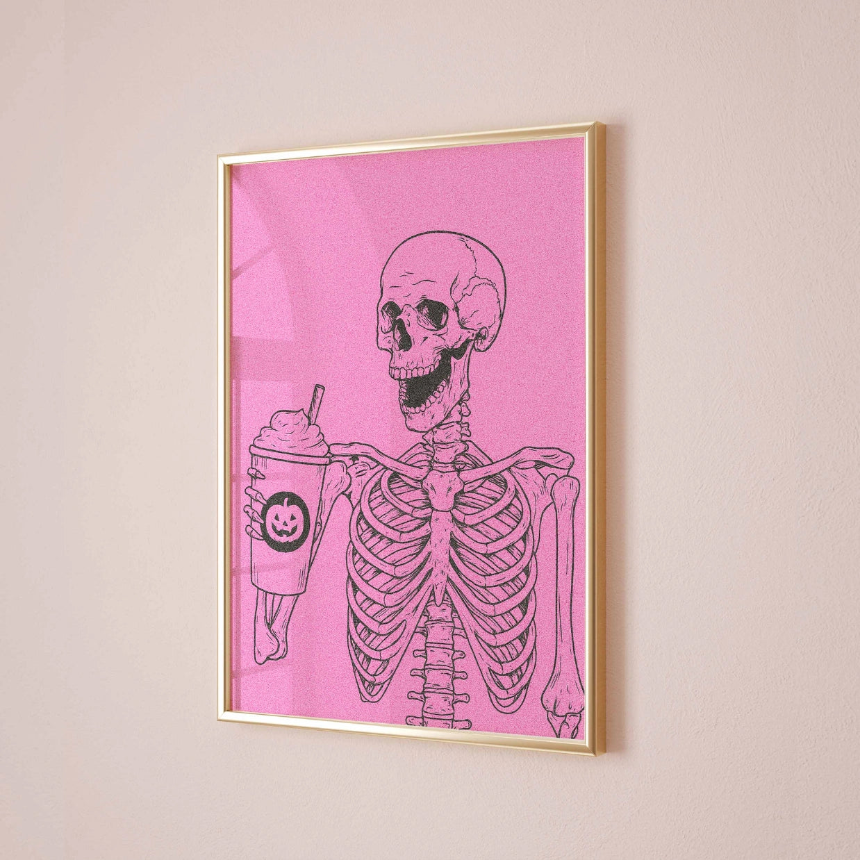 Skeleton with Halloween Drink – Pink Print