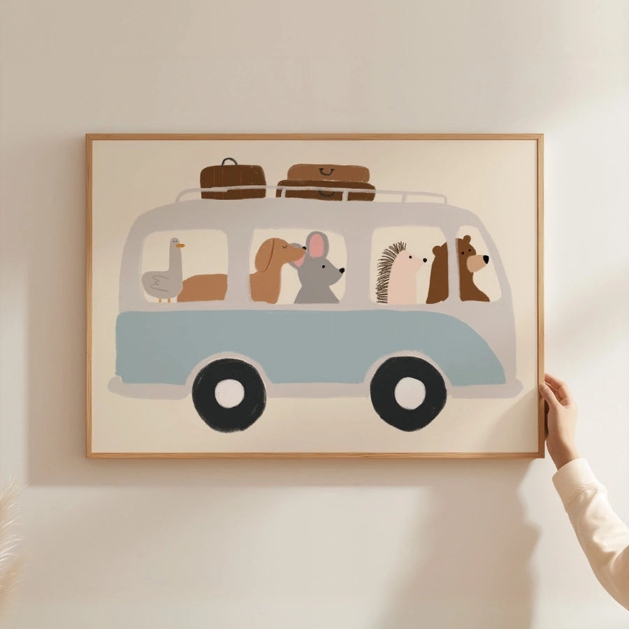 Animal Bus Nursery Print – Cute Vehicle Wall Art for Boys