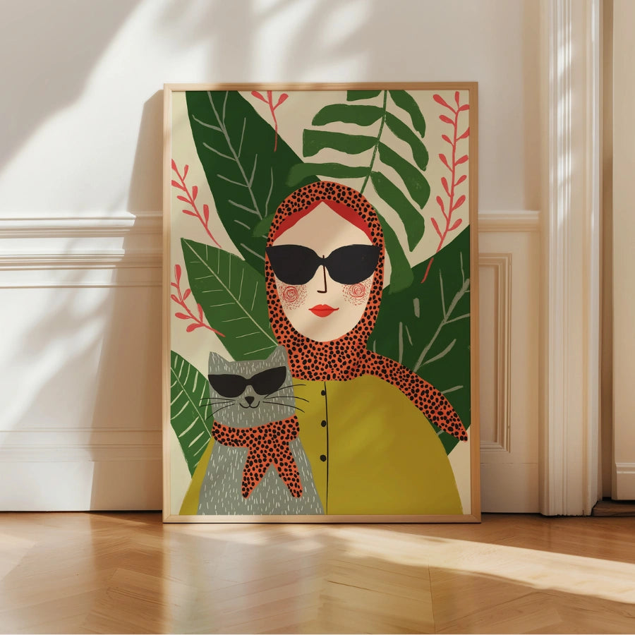 Tropical Icons Boho Wall Art – Stylish Woman and Cat Duo