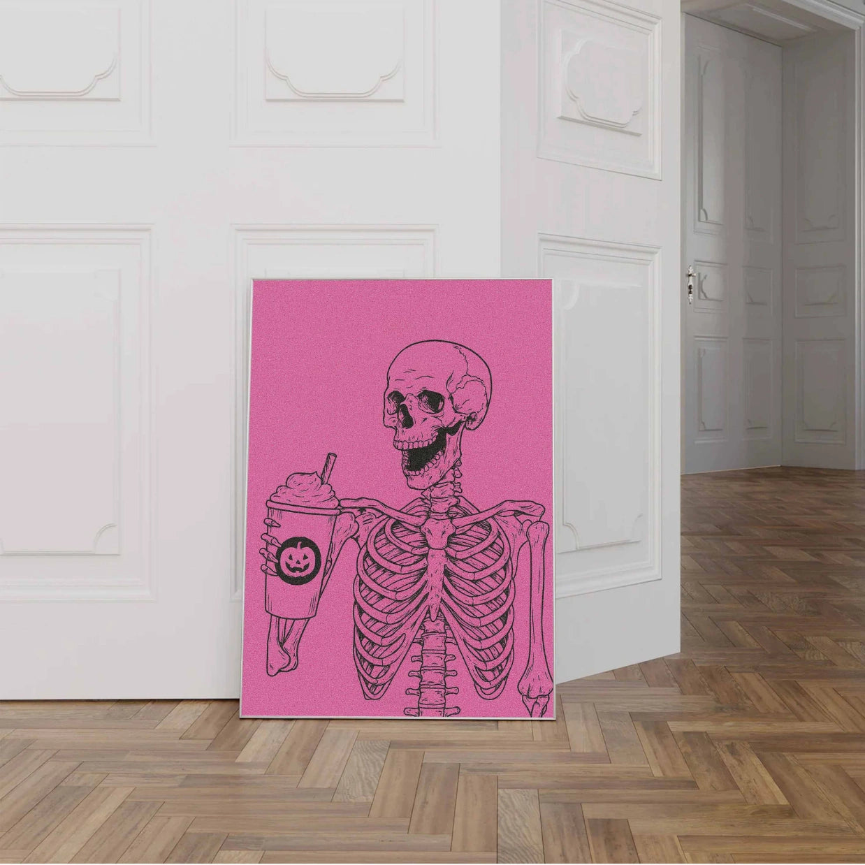 Skeleton with Halloween Drink – Pink Print
