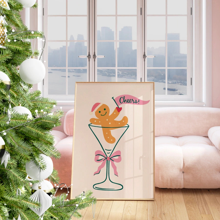 Gingerbread Cheers – Holiday Cocktail Poster with Cute Cookie