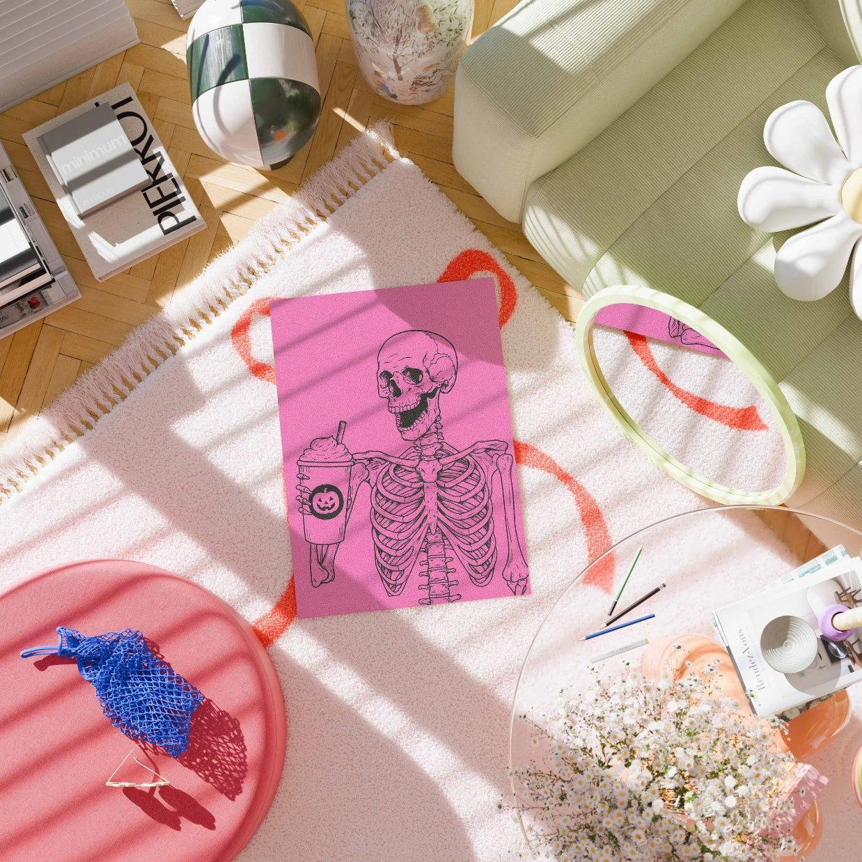 Skeleton with Halloween Drink – Pink Print