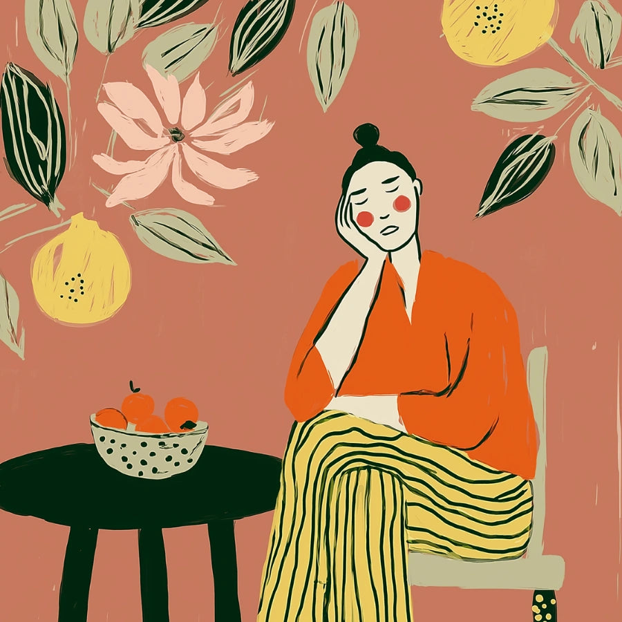 Lemon Lounge Boho Wall Art – Scena femminile contemplativa 