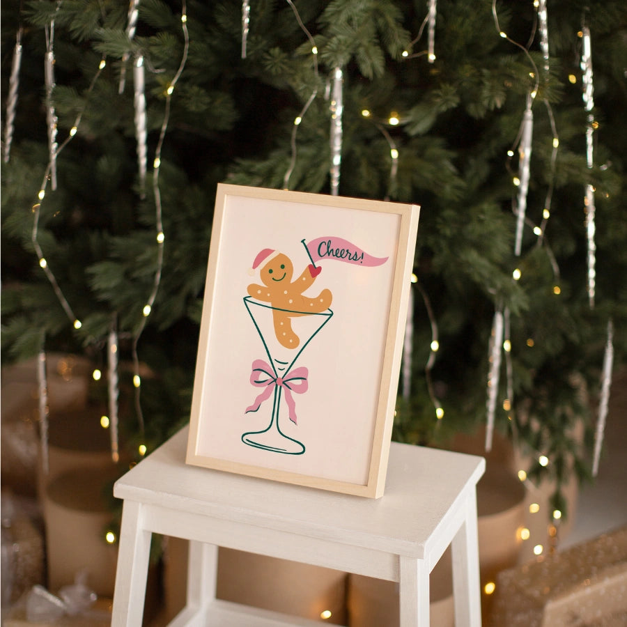 Gingerbread Cheers – Holiday Cocktail Poster with Cute Cookie