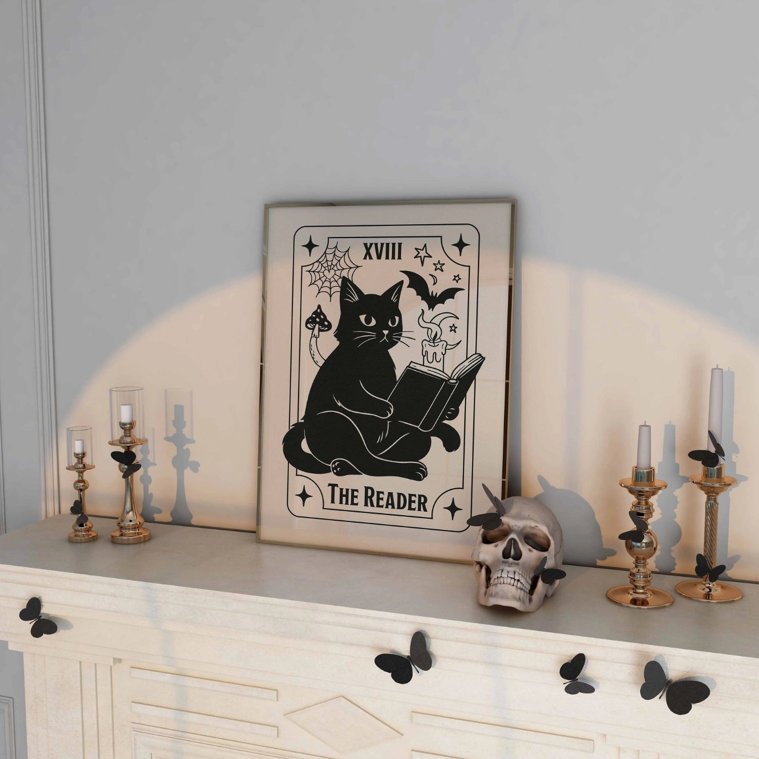 Stampa del gatto dei tarocchi del lettore – Halloween libresco