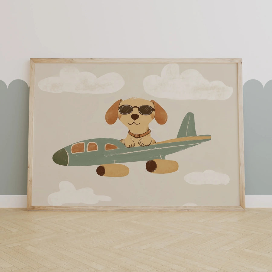 Pilot Dog Nursery Print – Cute Airplane Wall Art for Boys