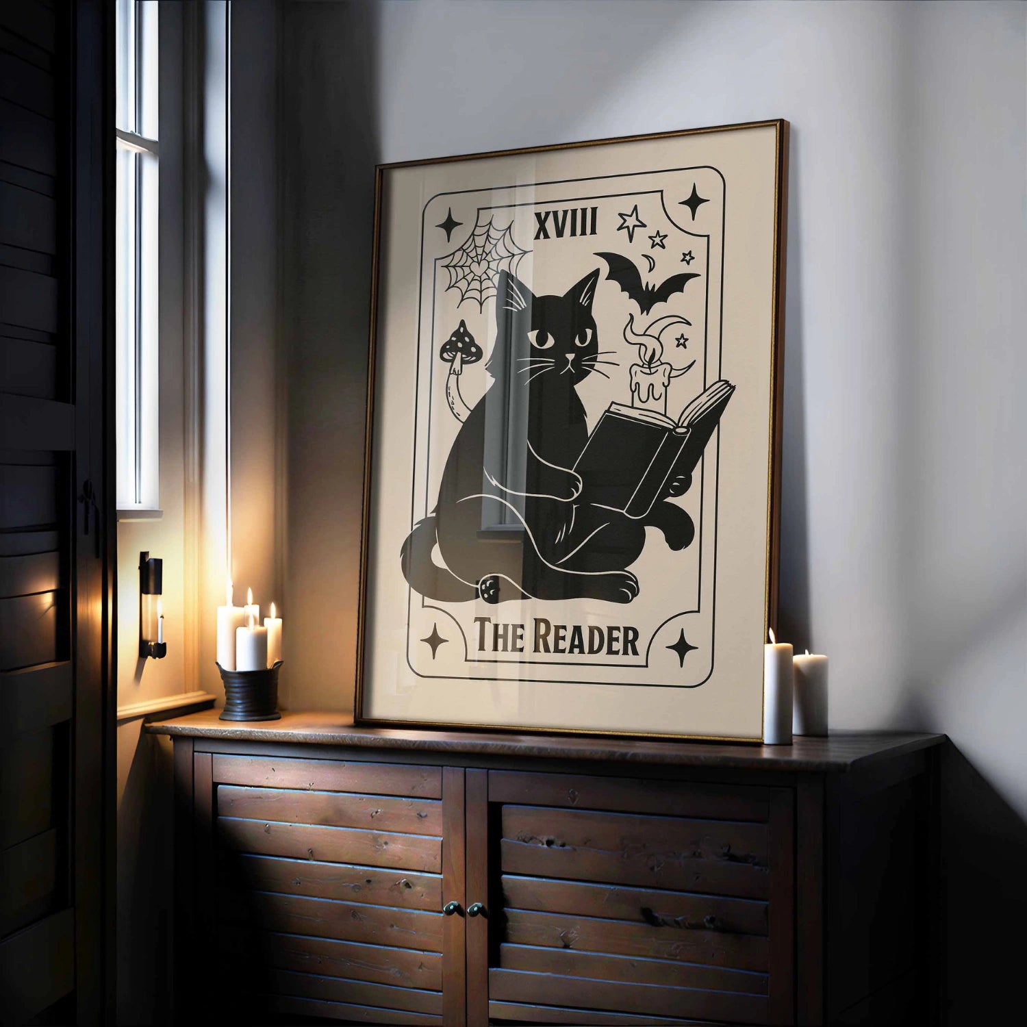 Stampa del gatto dei tarocchi del lettore – Halloween libresco