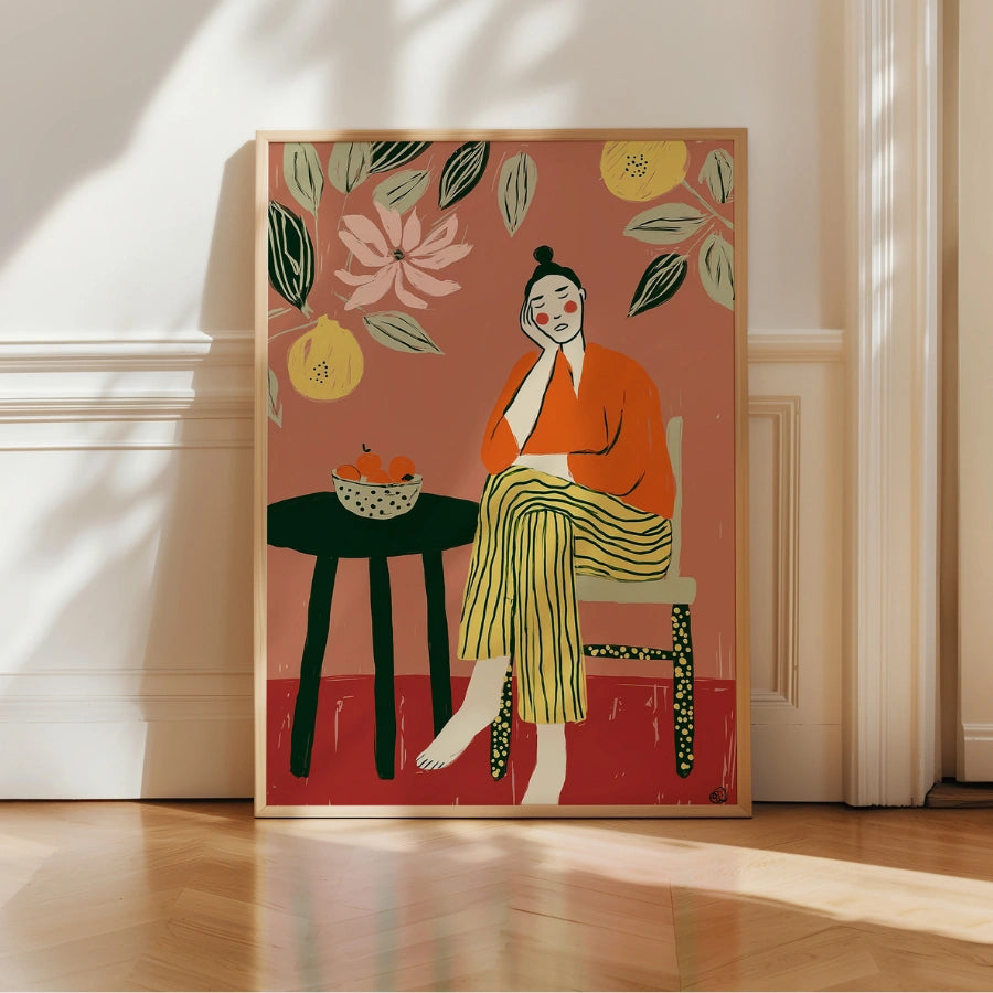 Lemon Lounge Boho Wall Art – Scena femminile contemplativa 
