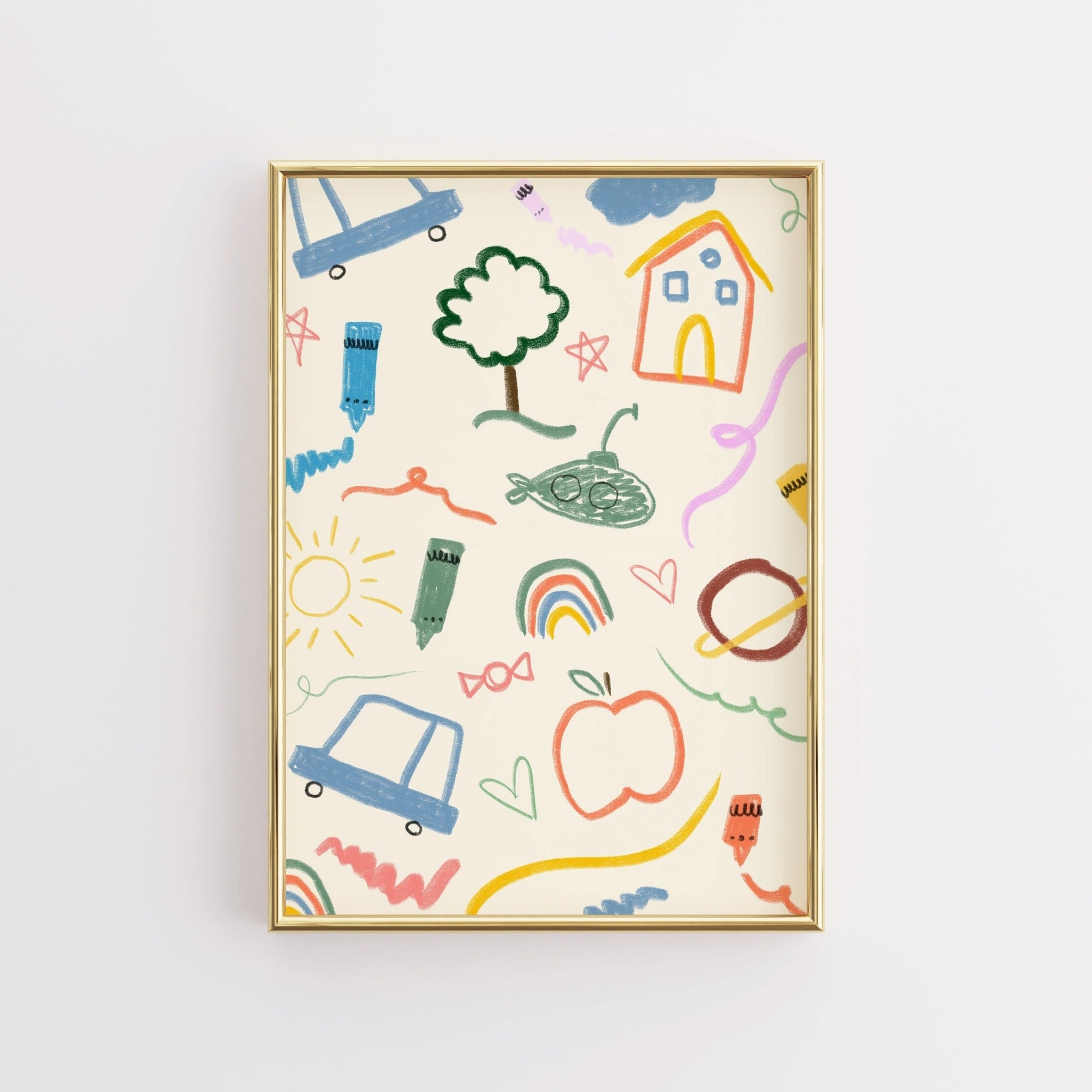 Wandbild im Doodle-Stil fürs Kinderzimmer – Verspielter Pastell-Buntstiftdruck fürs Kinderzimmer