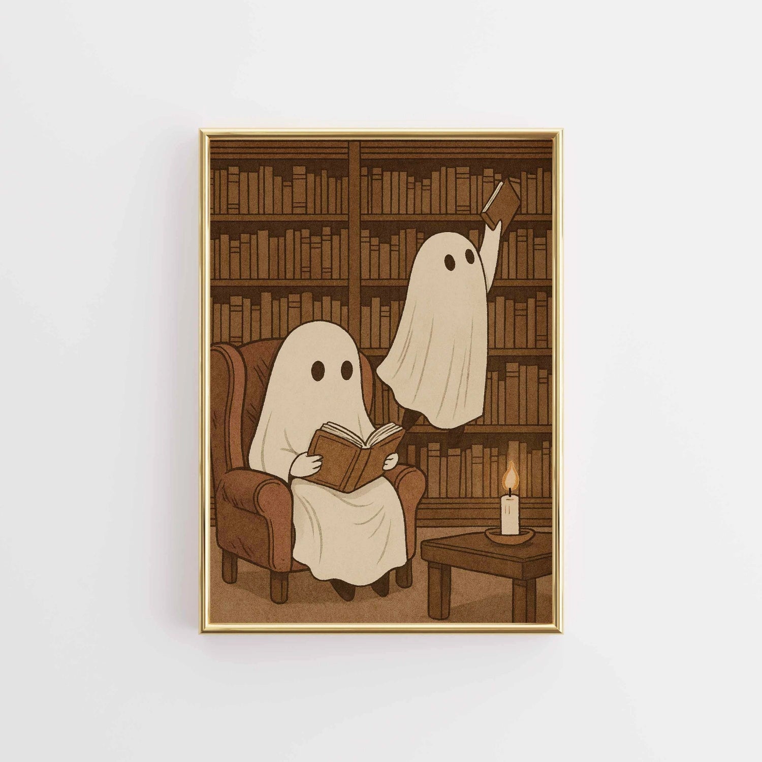 Ghost Library Wall Art – Cozy Bookish Halloween Print
