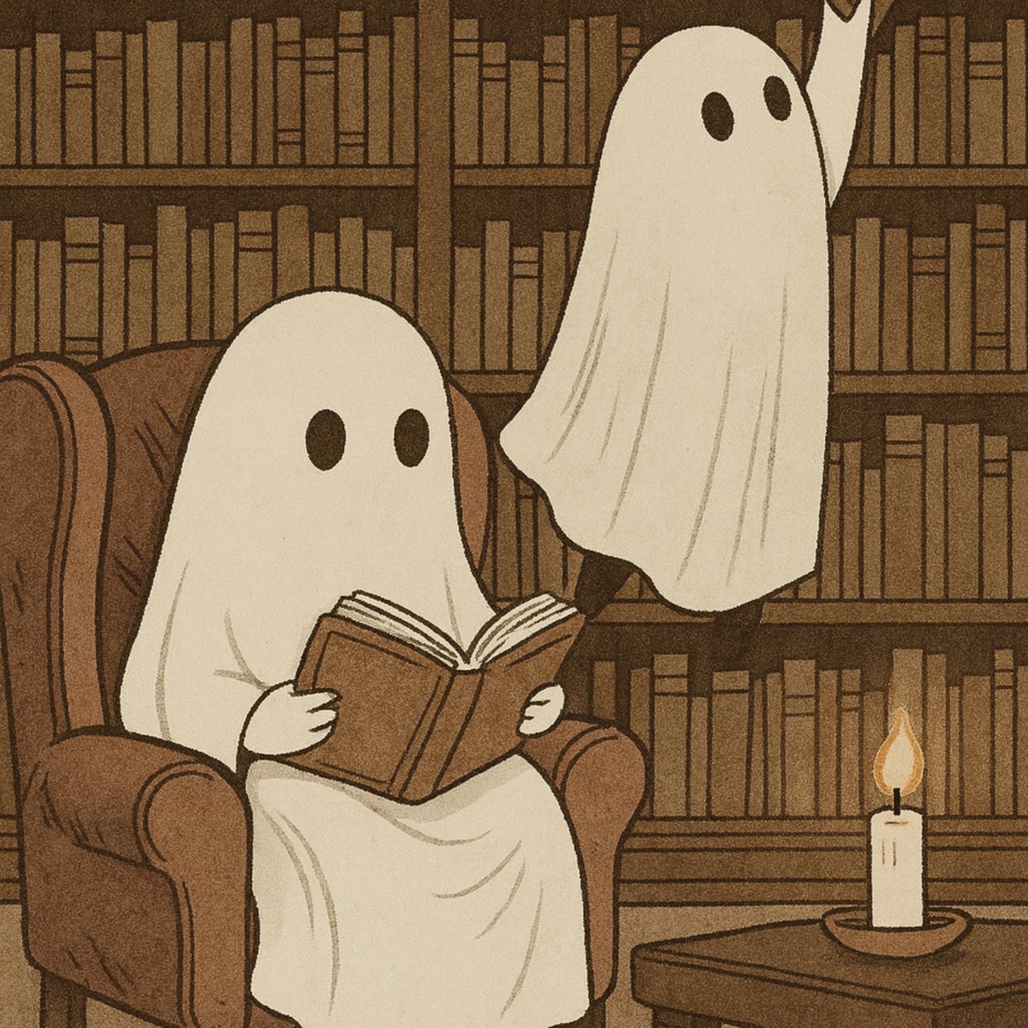 Ghost Library Wall Art – Cozy Bookish Halloween Print