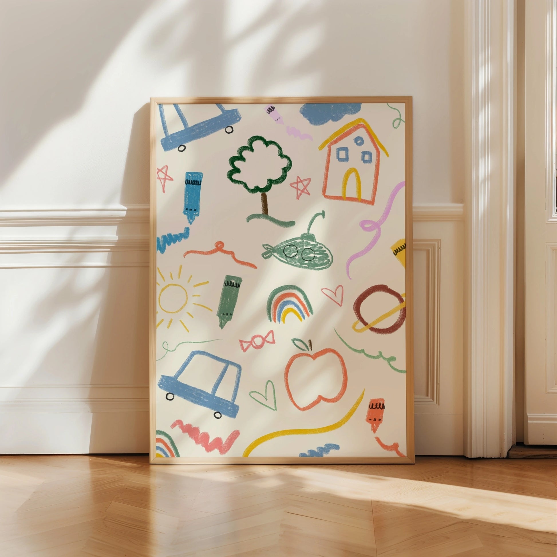 Wandbild im Doodle-Stil fürs Kinderzimmer – Verspielter Pastell-Buntstiftdruck fürs Kinderzimmer