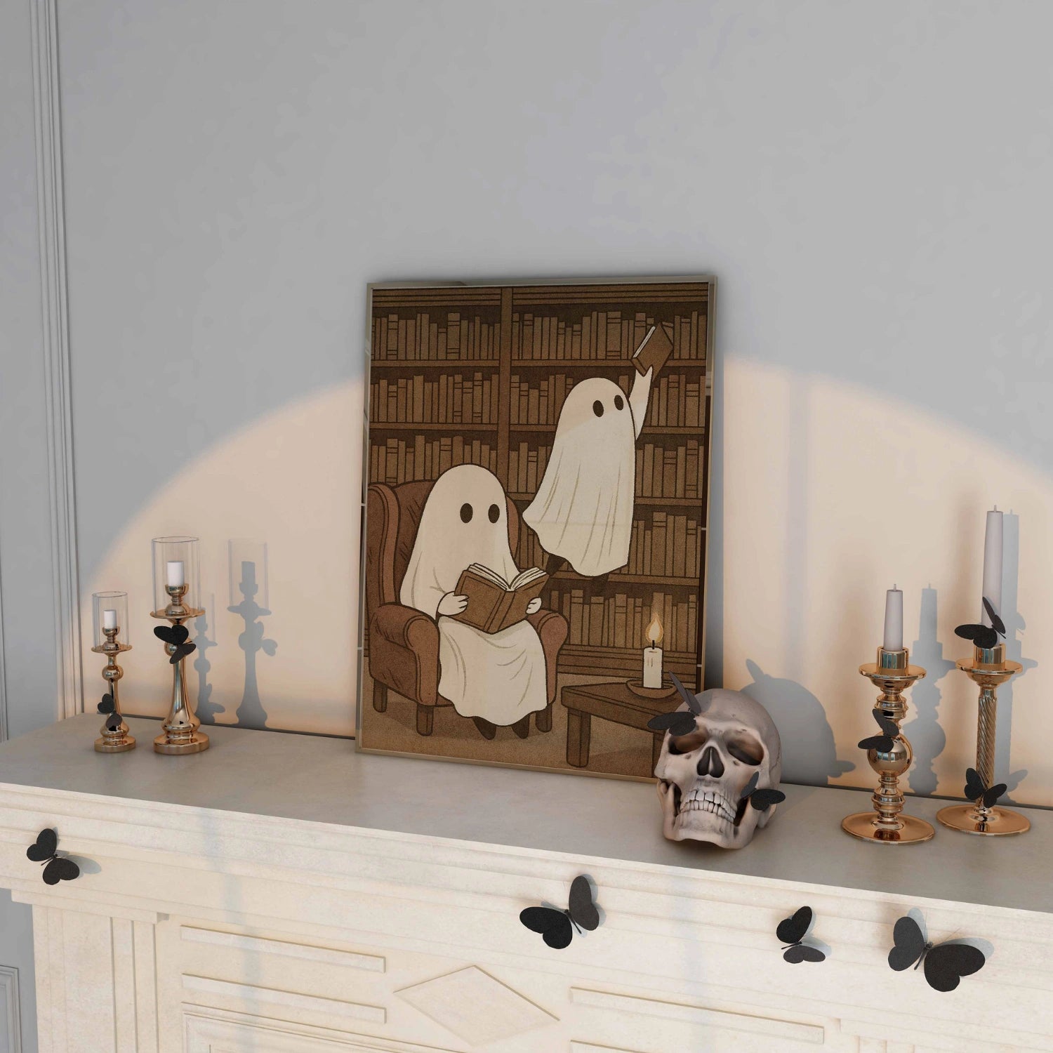 Ghost Library Wall Art – Cozy Bookish Halloween Print