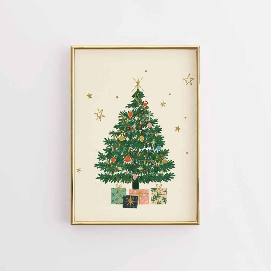 Weihnachtsbaum-Wandbild – Handgezeichneter Weihnachtskiefer mit Geschenken