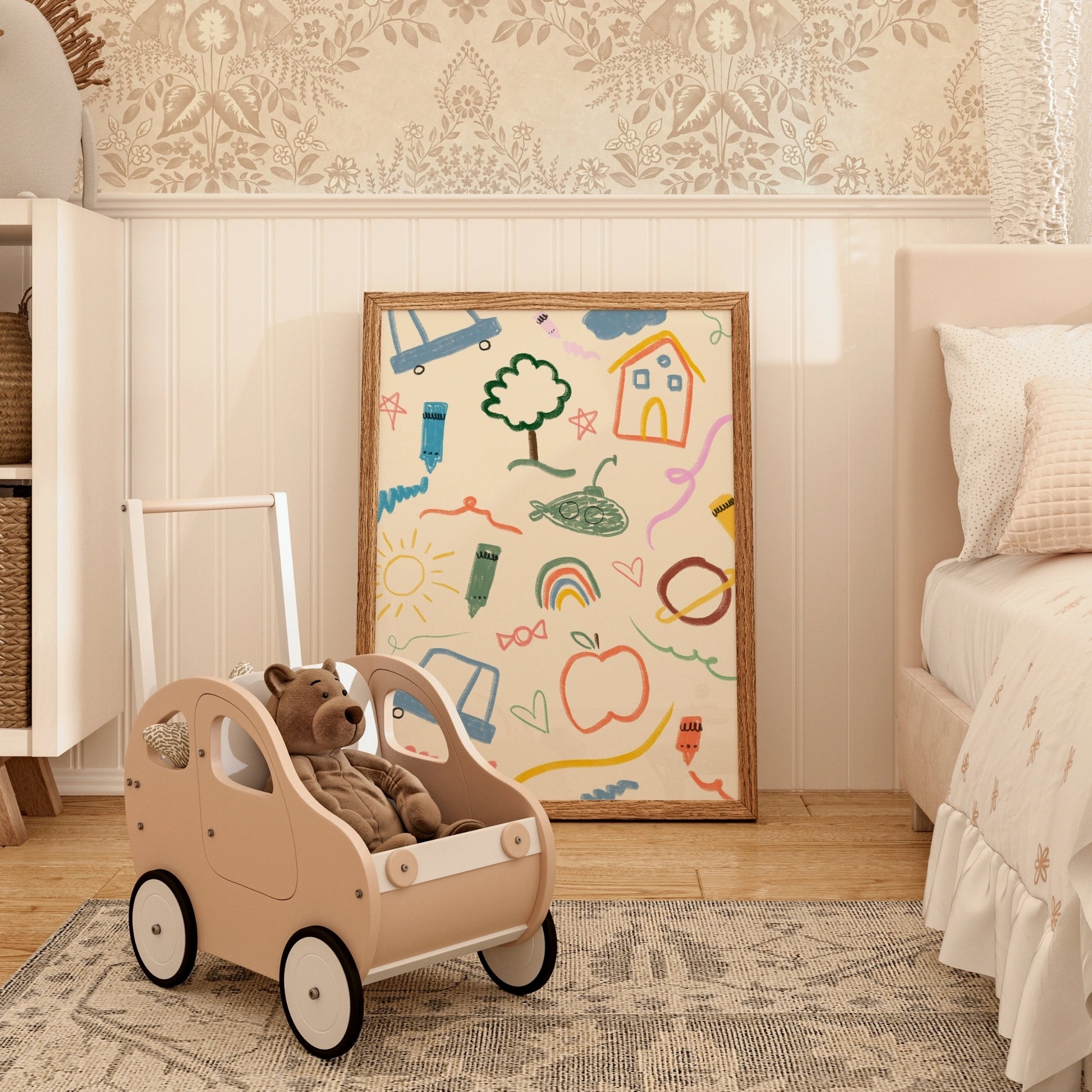 Wandbild im Doodle-Stil fürs Kinderzimmer – Verspielter Pastell-Buntstiftdruck fürs Kinderzimmer