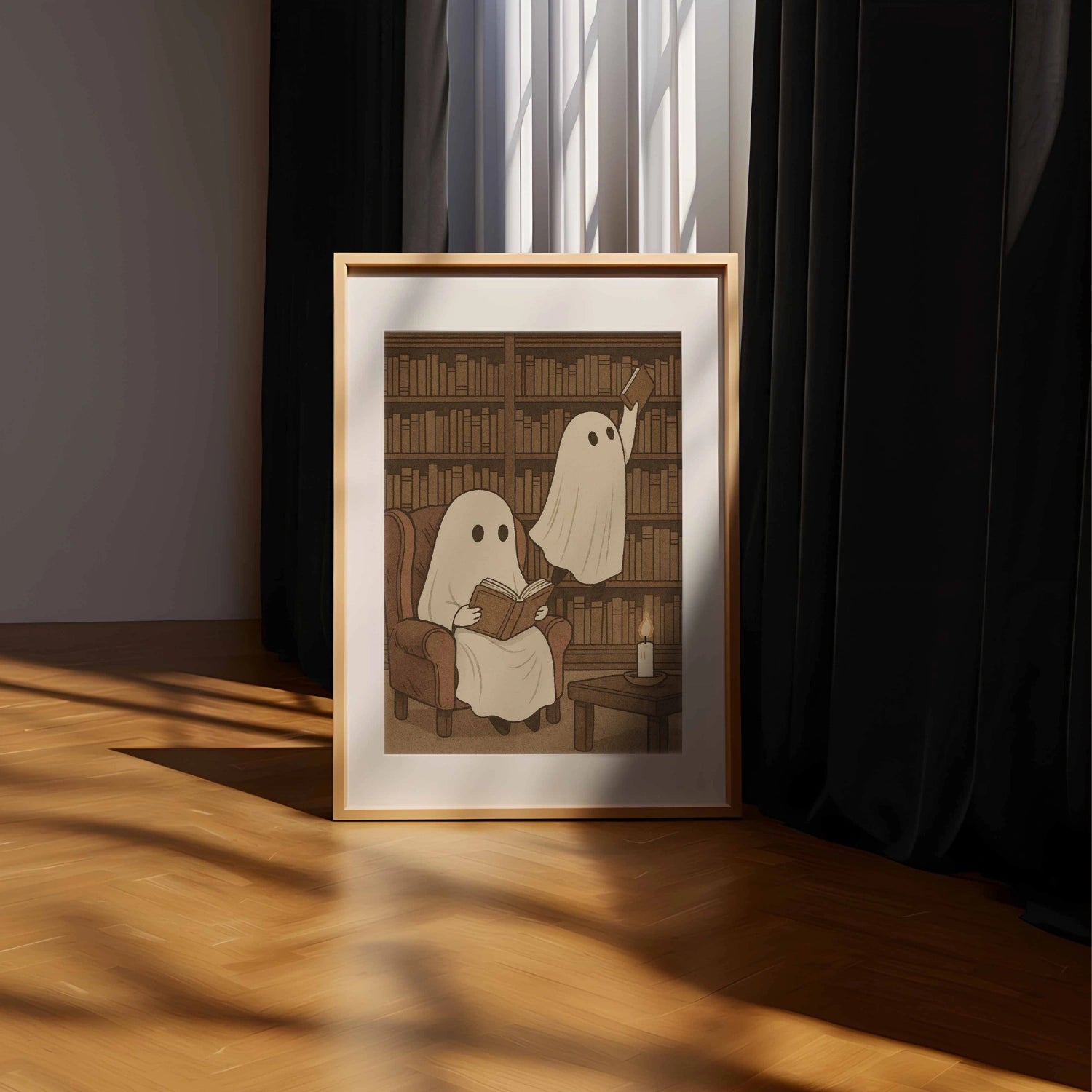 Ghost Library Wall Art – Cozy Bookish Halloween Print