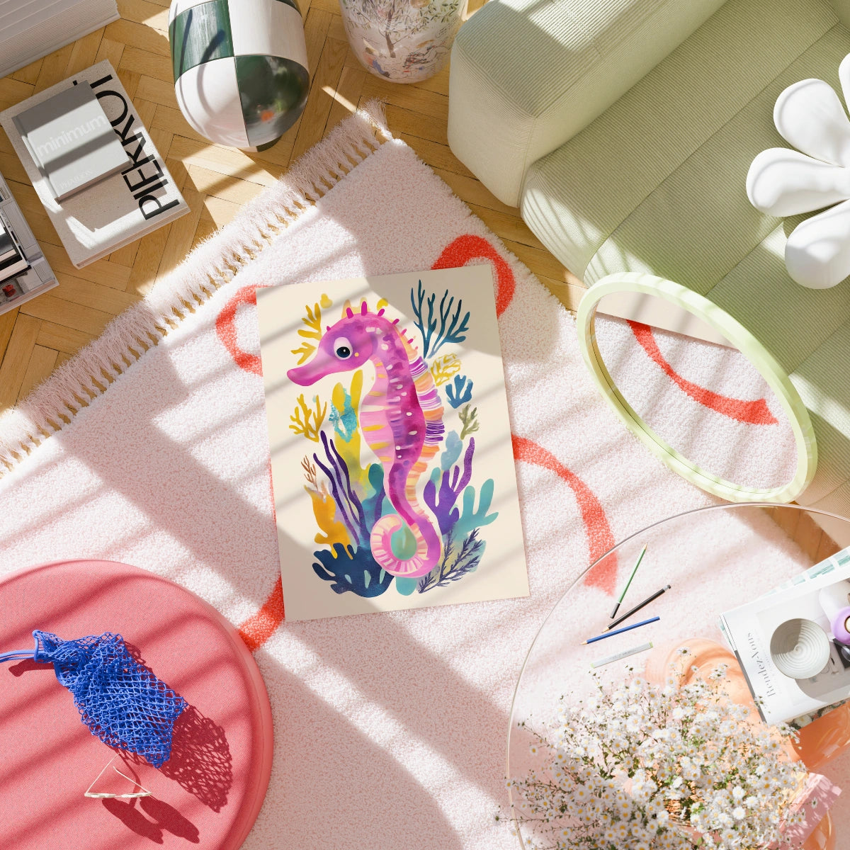 Pink Seahorse Wall Art – Colorful Ocean Print