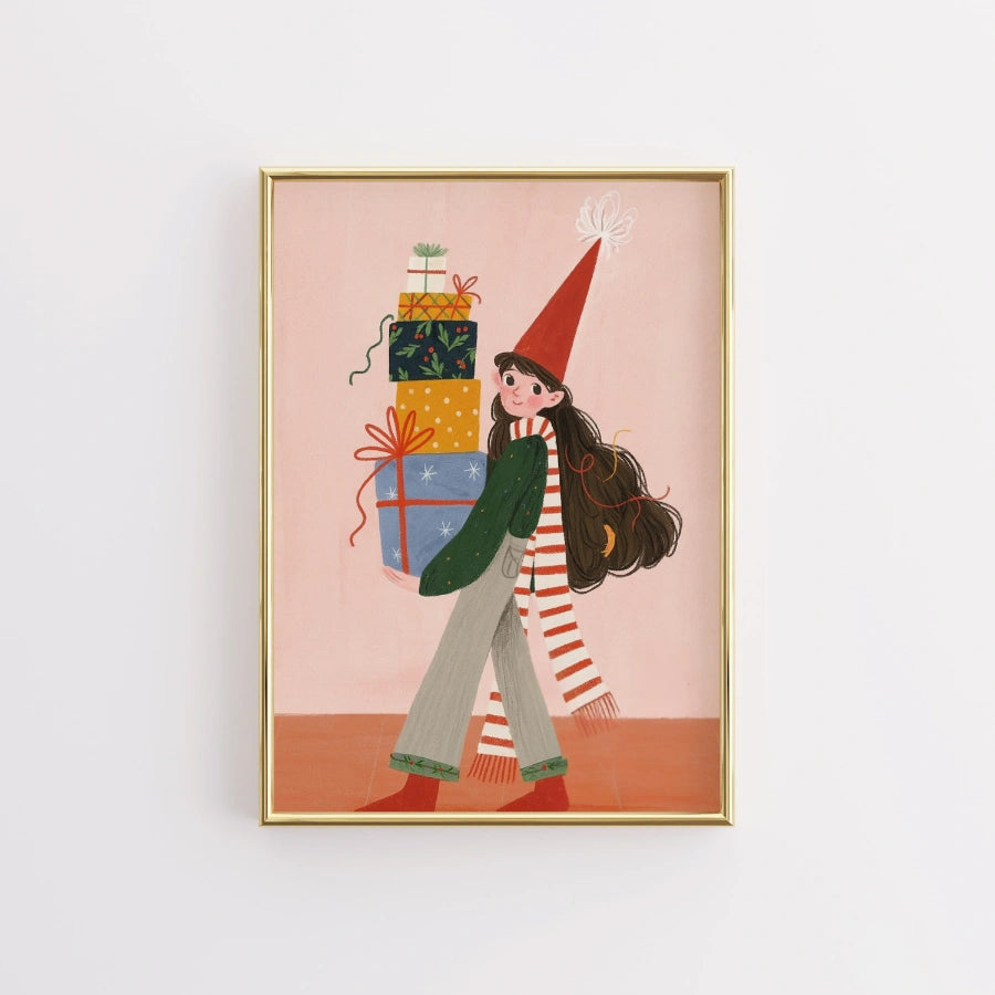 Christmas Gifts Wall Art – Cute Girl Carrying Presents