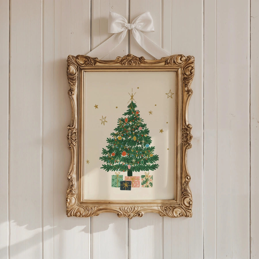 Weihnachtsbaum-Wandbild – Handgezeichneter Weihnachtskiefer mit Geschenken