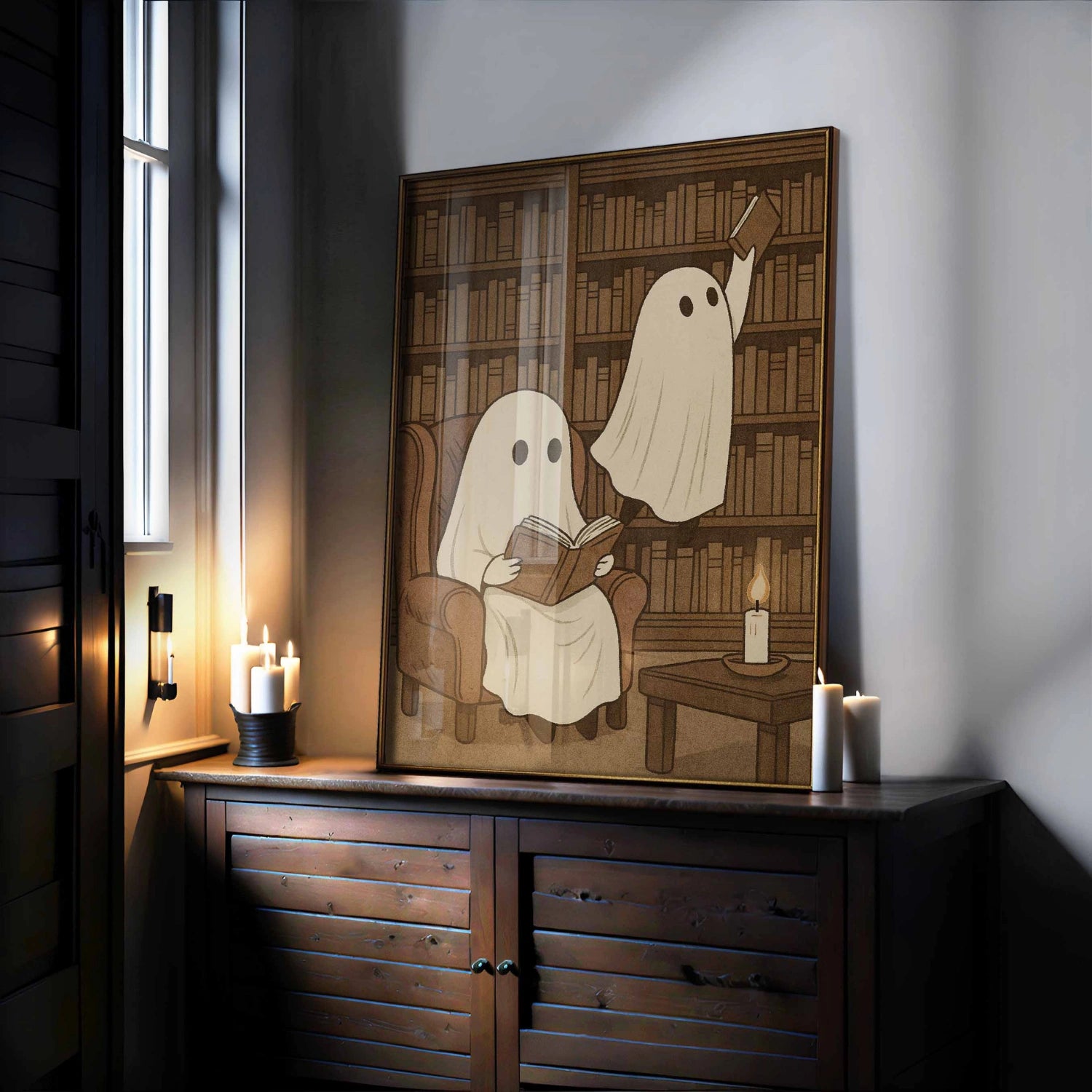 Ghost Library Wall Art – Cozy Bookish Halloween Print