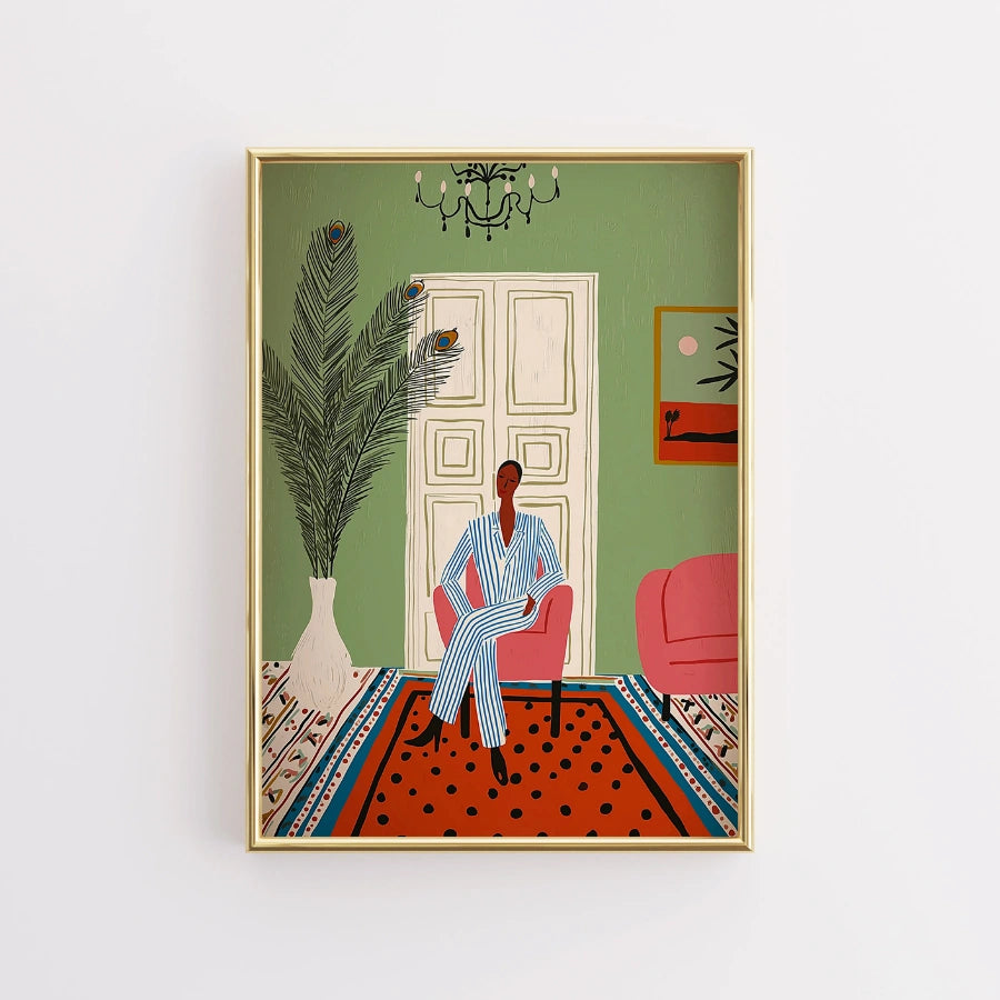 Chic Lounge Boho Wall Art – Scena d'interni moderna 