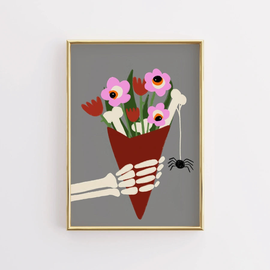 Skeleton Bouquet Halloween Print – Spooky Floral Wall Art