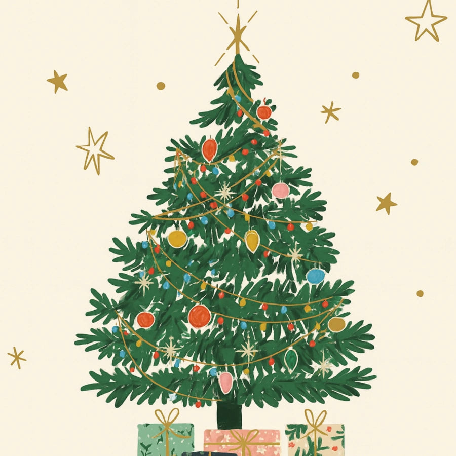 Weihnachtsbaum-Wandbild – Handgezeichneter Weihnachtskiefer mit Geschenken