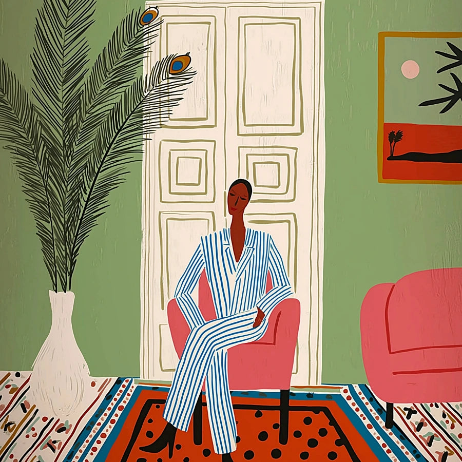 Chic Lounge Boho Wall Art – Scena d'interni moderna 